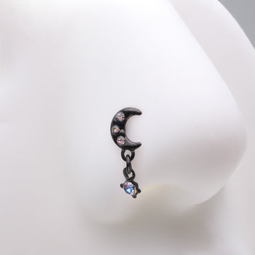 Detail View 1 of Blackline Midnight Crescent Moon Sparkle Dangle L-Shaped Nose Ring-Vitrail Medium